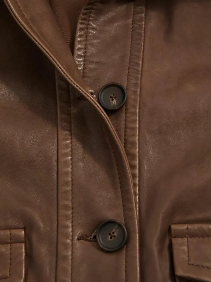 REISS Leather Jackets Women Leather Trucker Jacket Chocolate
