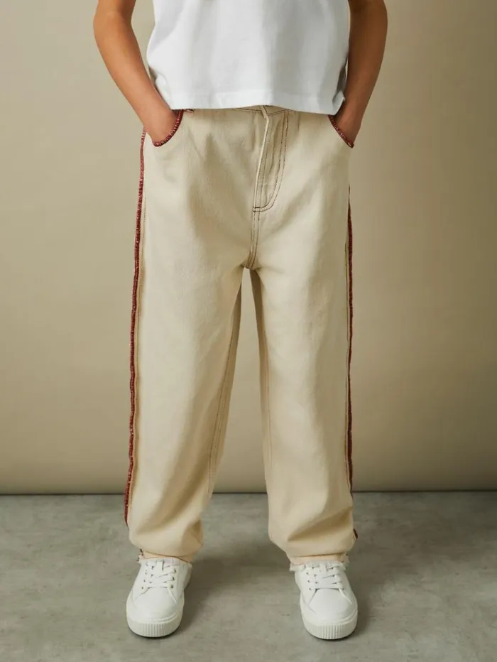 REISS Pants Children Contrast Stitch Frayed Hem Jeans Ecru