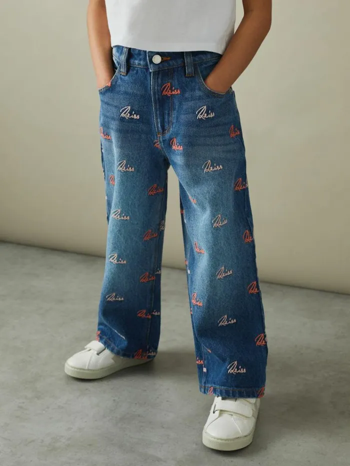 REISS Pants Children Relaxed Embroidered Logo Jeans Blue