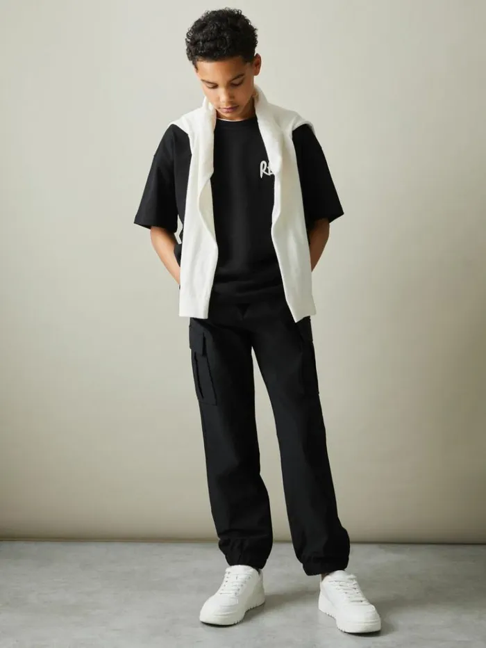 REISS Pants Children Technical Drawstring Cuffed Joggers Black