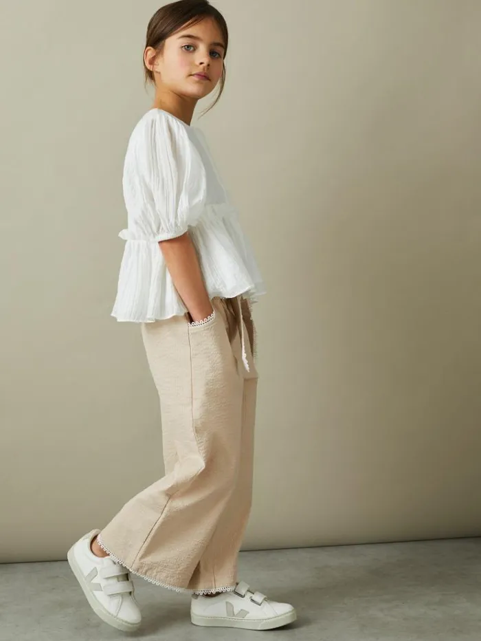 REISS Pants Children Textured Lace Trim Trousers Cream