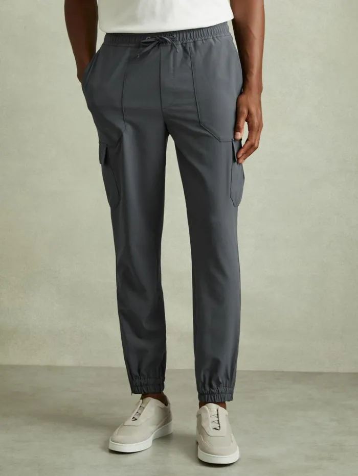 REISS Pants Men Elasticated Cargo Trousers Airforce Blue