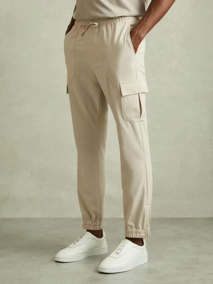 REISS Pants Men Elasticated Cargo Trousers Stone