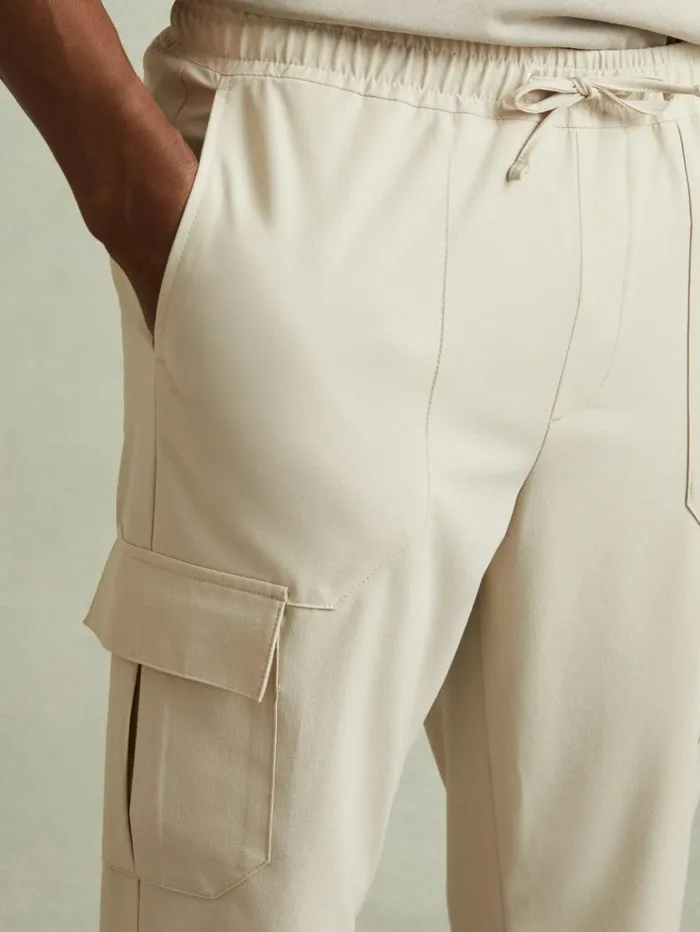 REISS Pants Men Elasticated Cargo Trousers Stone