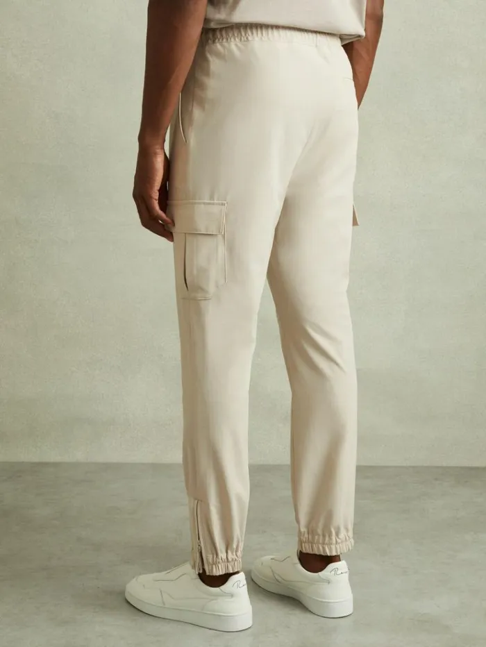 REISS Pants Men Elasticated Cargo Trousers Stone