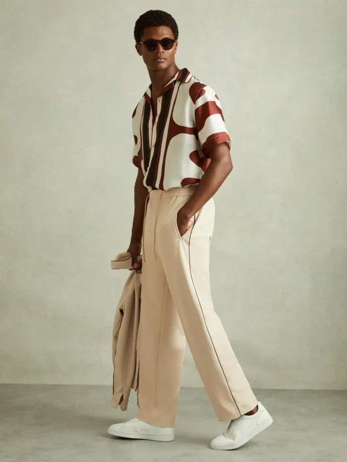 REISS Pants Men Relaxed Contrast Pipe Detail Trousers Ecrubrown Stripe