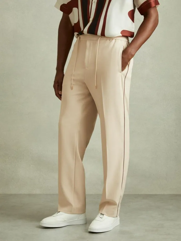 REISS Pants Men Relaxed Contrast Pipe Detail Trousers Ecrubrown Stripe