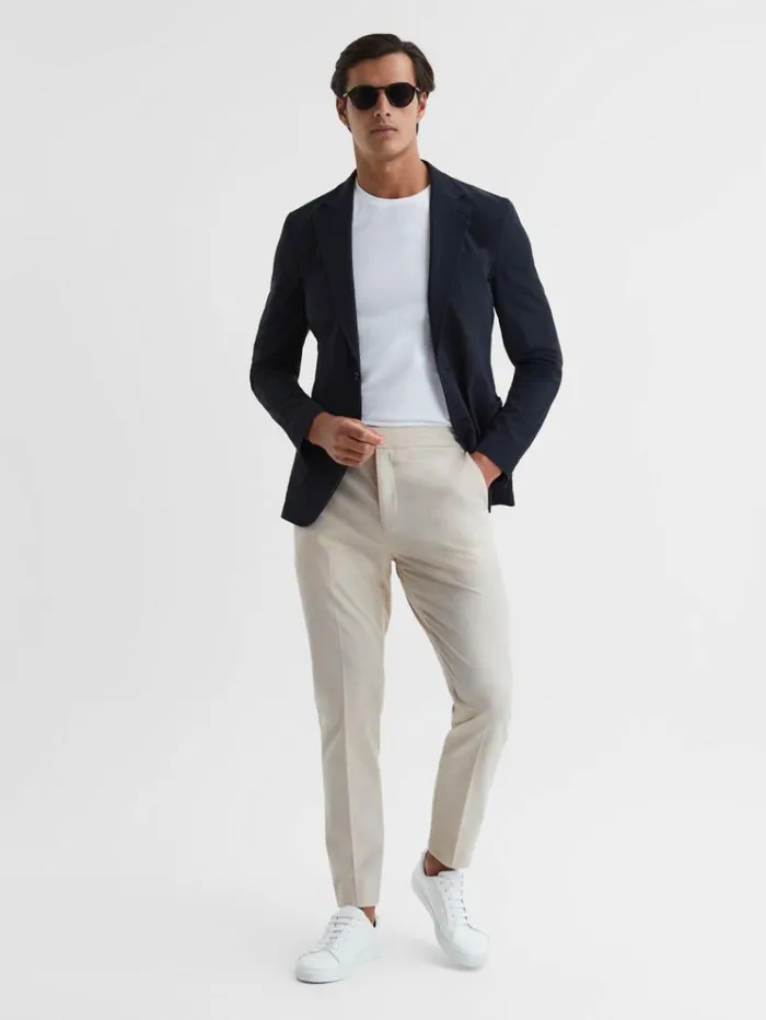 REISS Pants Men Relaxed Drawstring Trousers Ecru