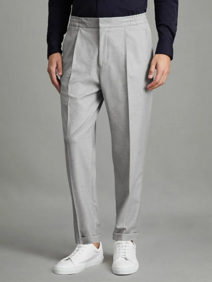 REISS Pants Men Relaxed Drawstring Trousers With TurnUps Grey