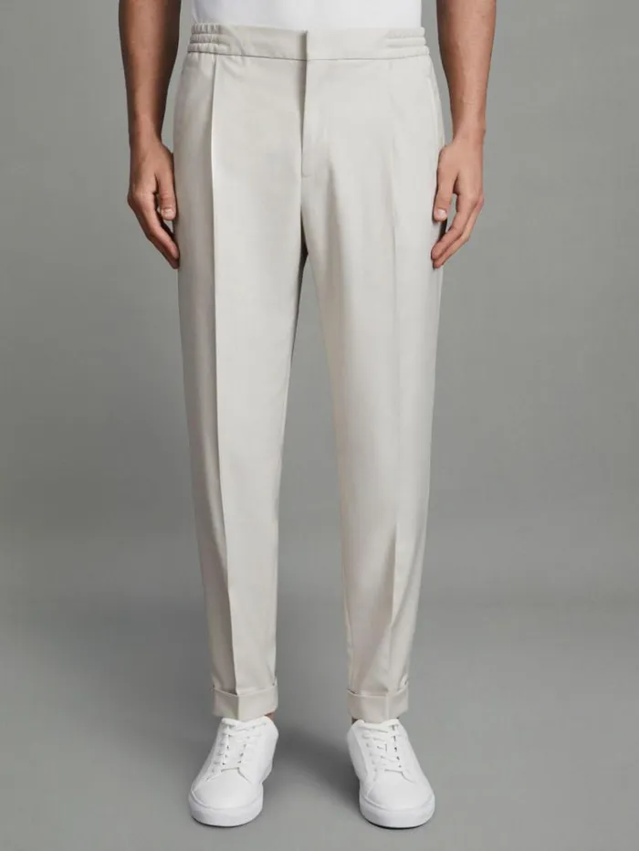 REISS Pants Men Relaxed Drawstring Trousers With TurnUps Stone