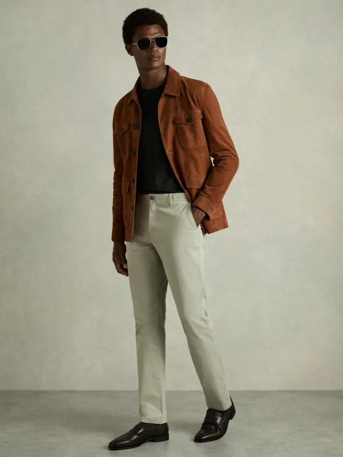 REISS Pants Men Slim Fit Washed Cotton Blend Chinos Sage