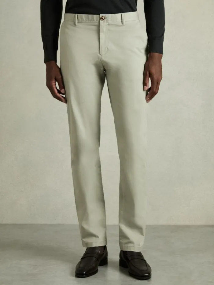 REISS Pants Men Slim Fit Washed Cotton Blend Chinos Sage
