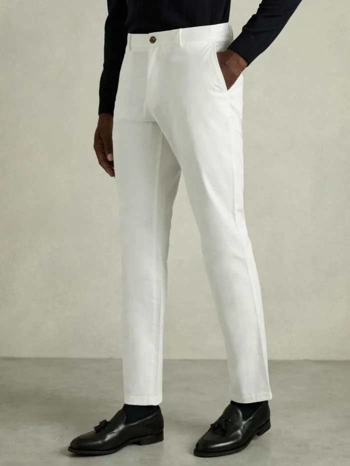REISS Pants Men Slim Fit Washed Cotton Blend Chinos White
