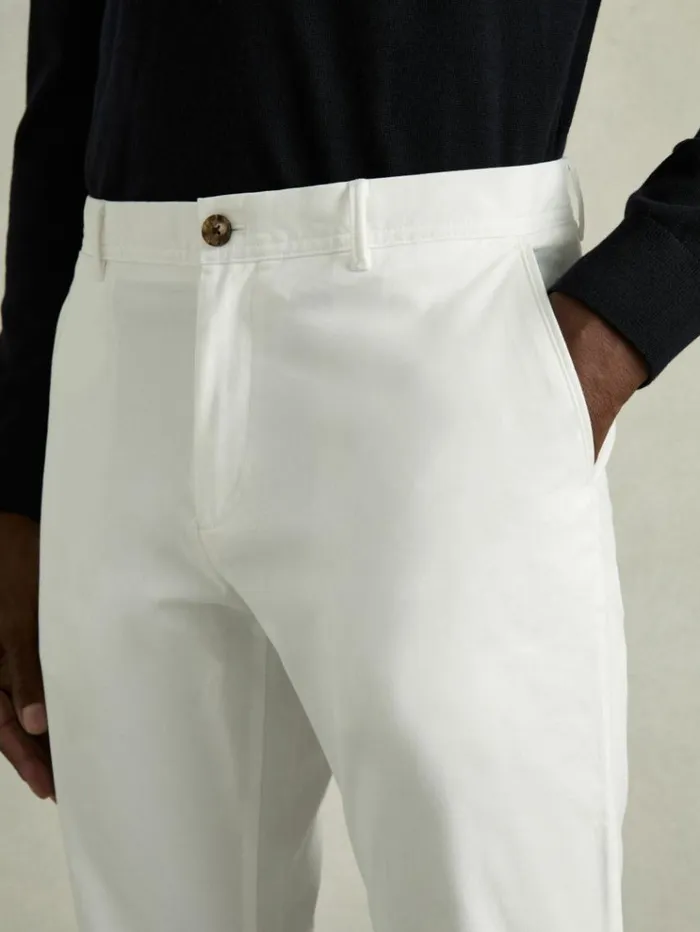 REISS Pants Men Slim Fit Washed Cotton Blend Chinos White