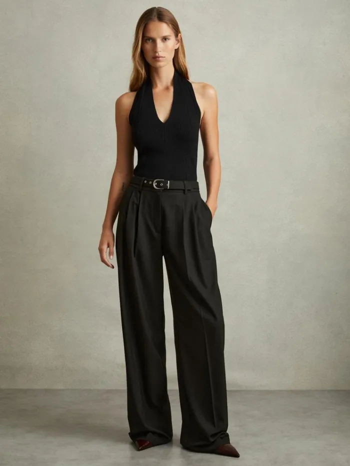 REISS Pants Women Belted Wide Leg Trousers Black