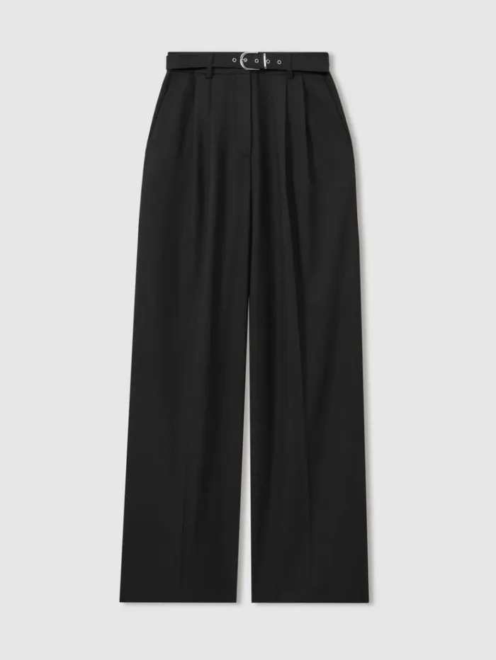 REISS Pants Women Belted Wide Leg Trousers Black