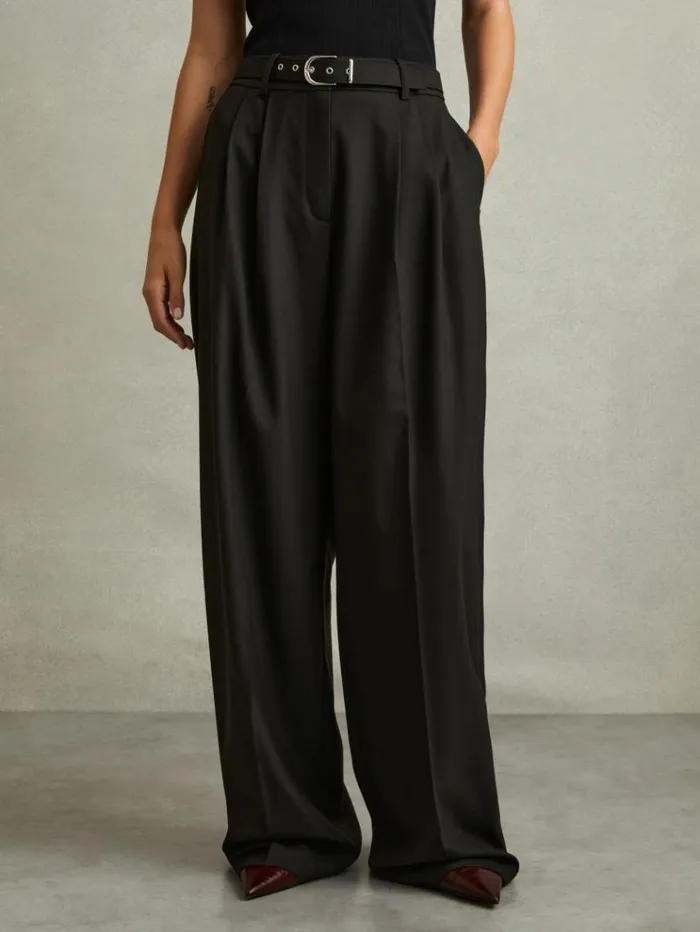 REISS Pants Women Belted Wide Leg Trousers Black