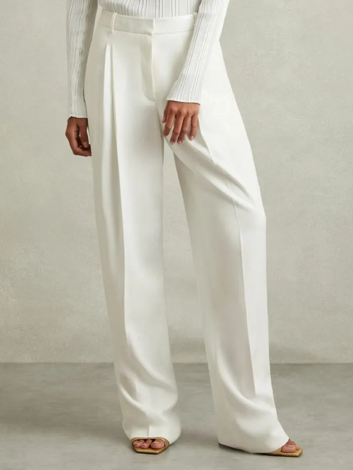 REISS Pants Women Double Pleat Wide Leg Tux Trousers Cream