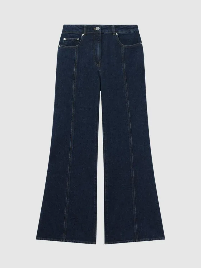 REISS Pants Women Flared Front Seam Jeans Dark Blue