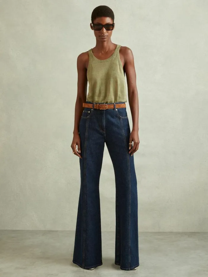REISS Pants Women Flared Front Seam Jeans Dark Blue