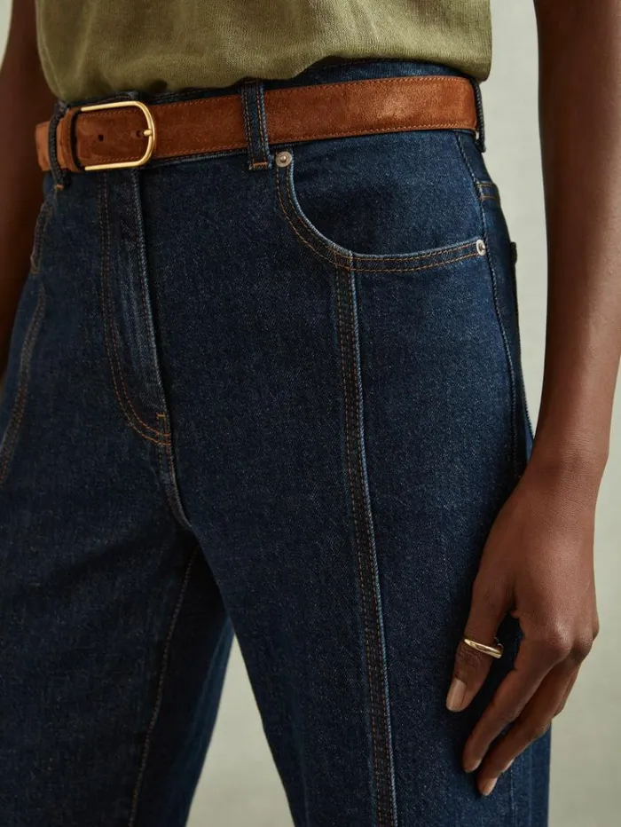 REISS Pants Women Flared Front Seam Jeans Dark Blue