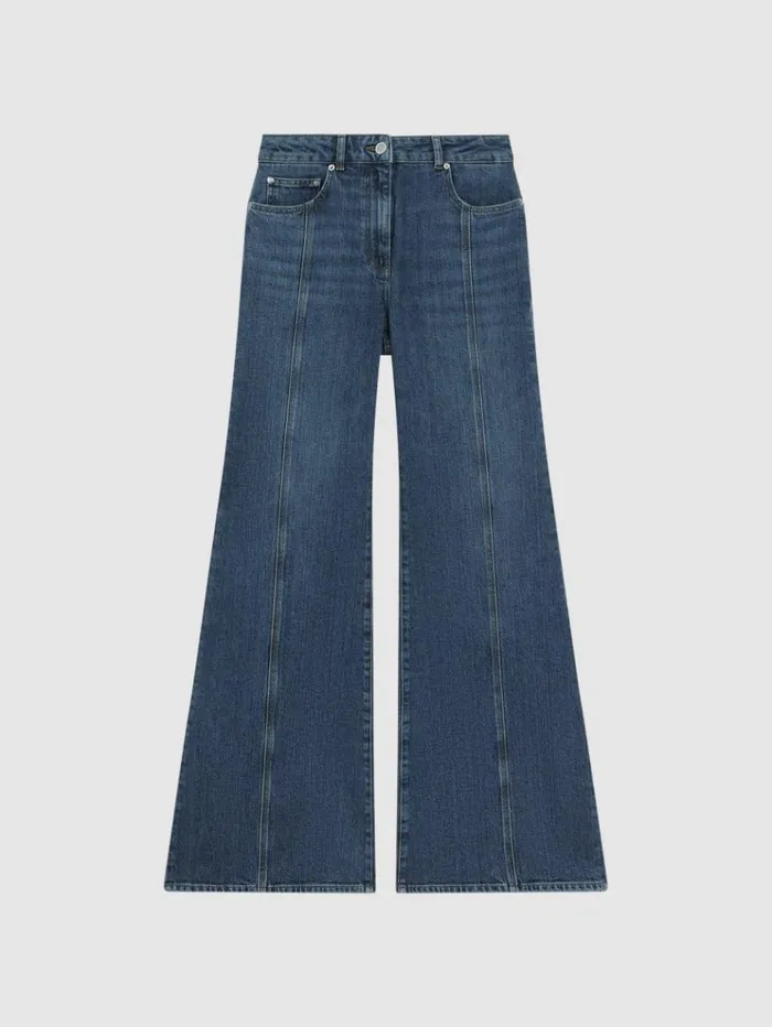 REISS Pants Women Flared Front Seam Jeans Mid Blue