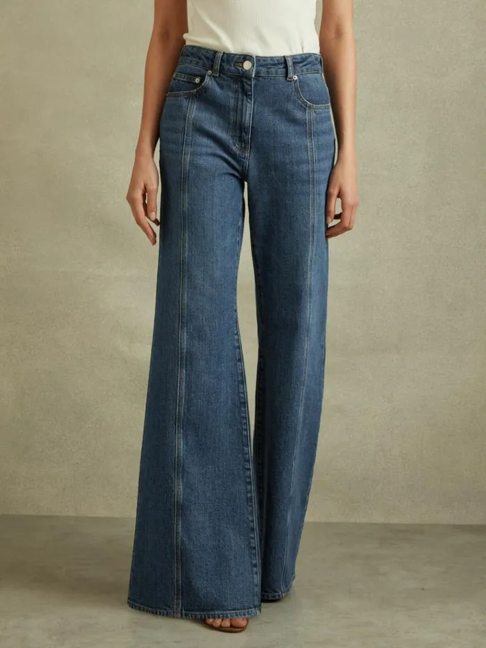 REISS Pants Women Flared Front Seam Jeans Mid Blue