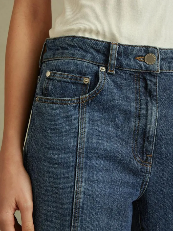 REISS Pants Women Flared Front Seam Jeans Mid Blue