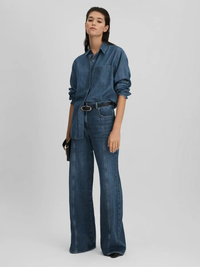 REISS Pants Women Flared Front Seam Jeans Mid Blue