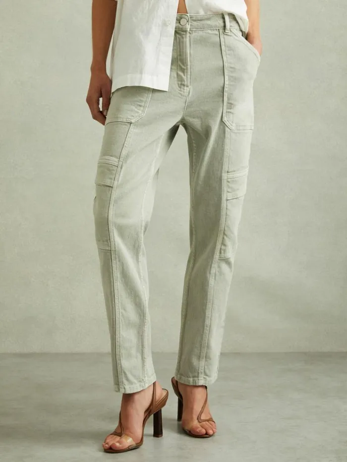 REISS Pants Women Garment Dyed Utility Tapered Jeans Washed Green