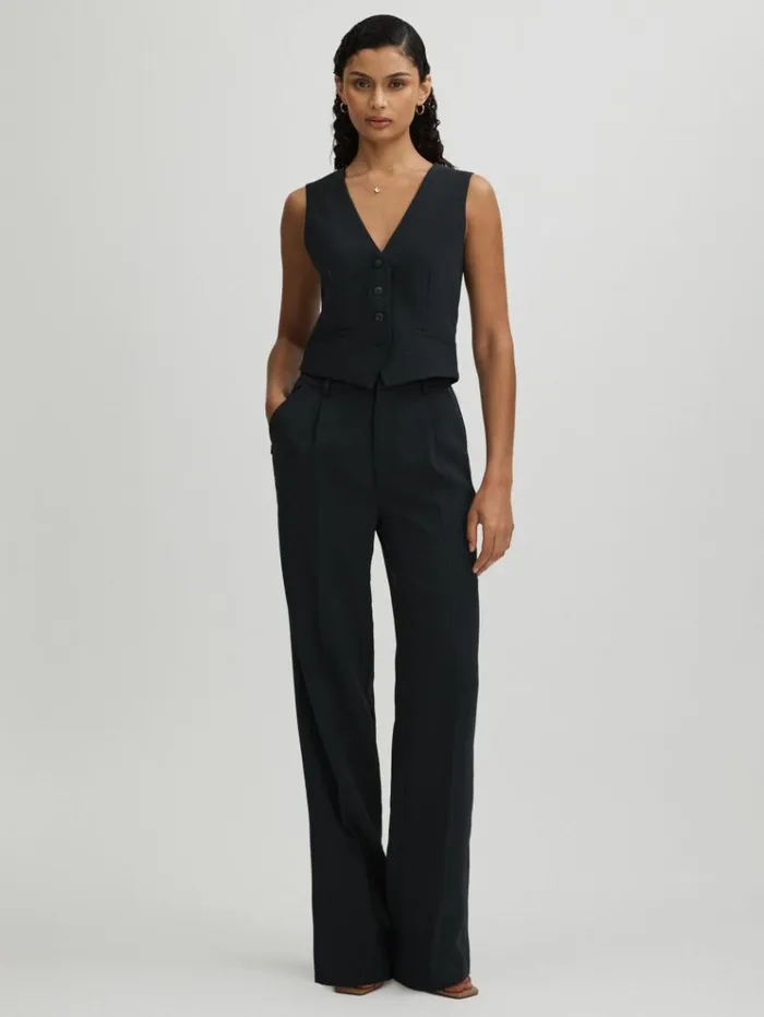 REISS Pants Women Good American High Rise Pleat Front Trousers Navy
