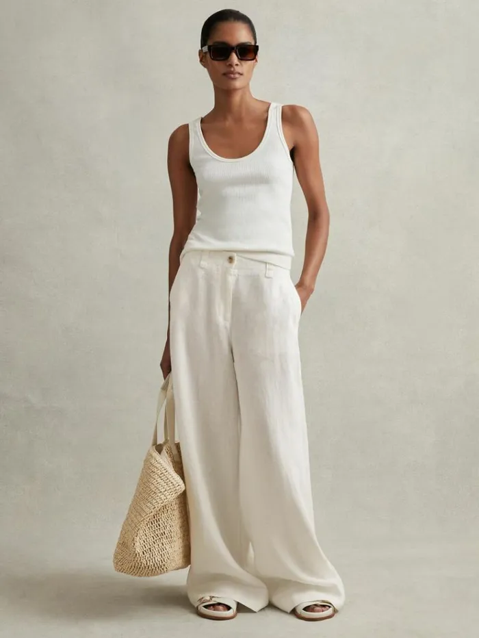REISS Pants Women Linen Wide Leg Garment Dyed Trousers White