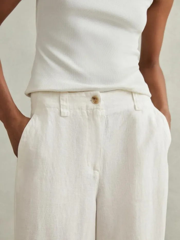 REISS Pants Women Linen Wide Leg Garment Dyed Trousers White