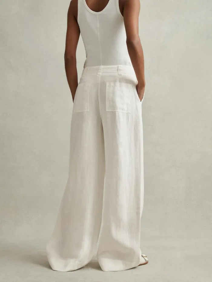 REISS Pants Women Linen Wide Leg Garment Dyed Trousers White
