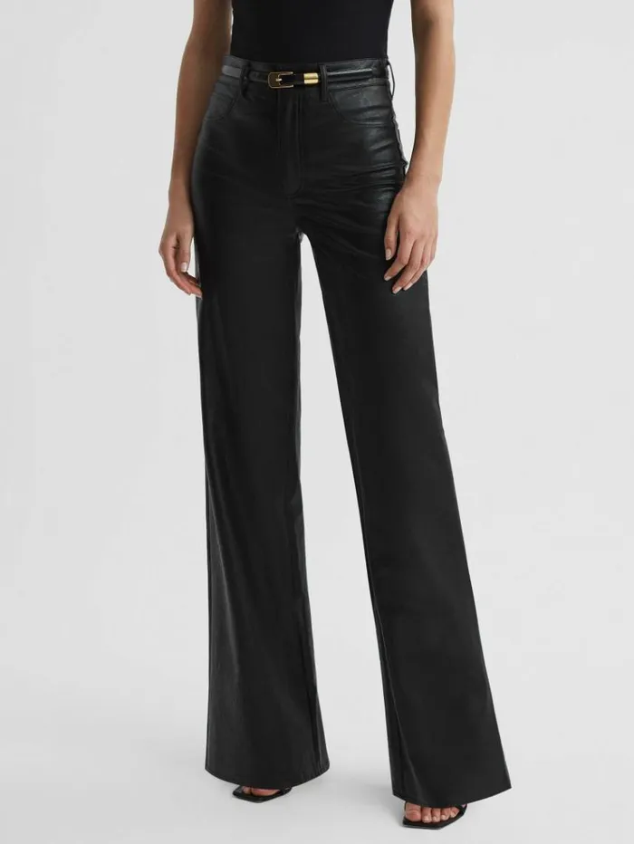 REISS Pants Women Paige High Rise LeatherLook Wide Leg Jeans Black