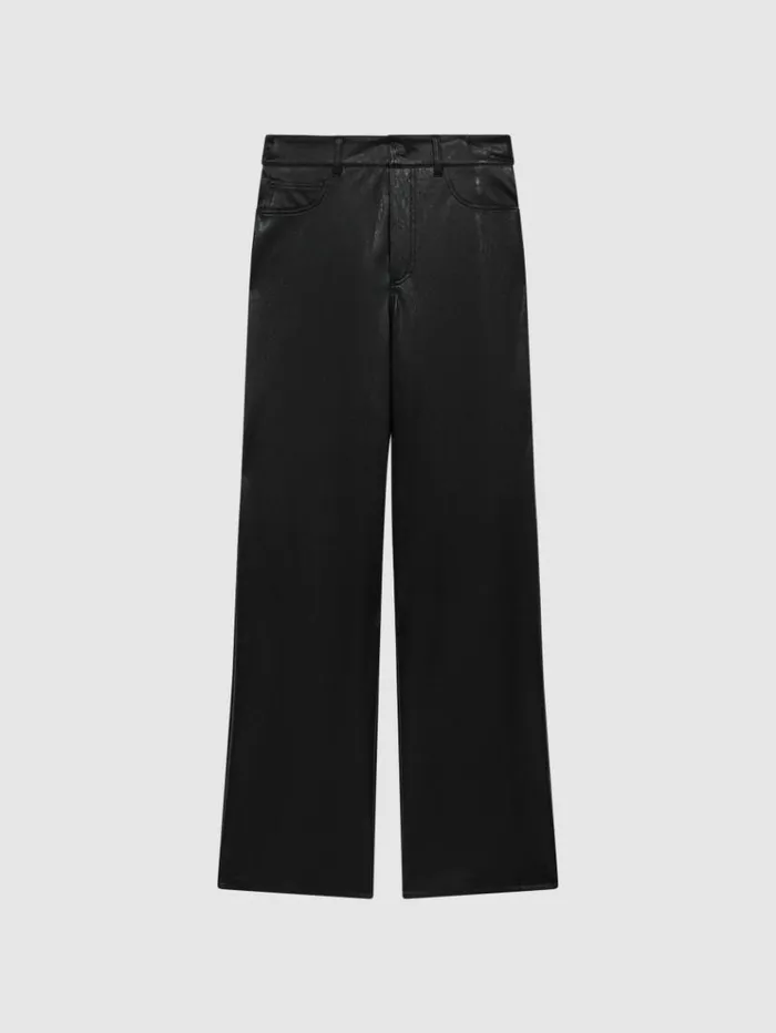 REISS Pants Women Paige High Rise LeatherLook Wide Leg Jeans Black