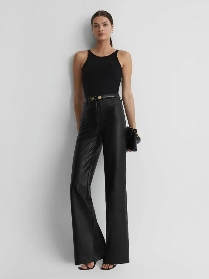 REISS Pants Women Paige High Rise LeatherLook Wide Leg Jeans Black