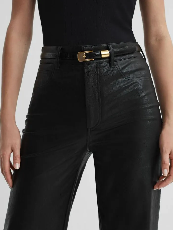 REISS Pants Women Paige High Rise LeatherLook Wide Leg Jeans Black