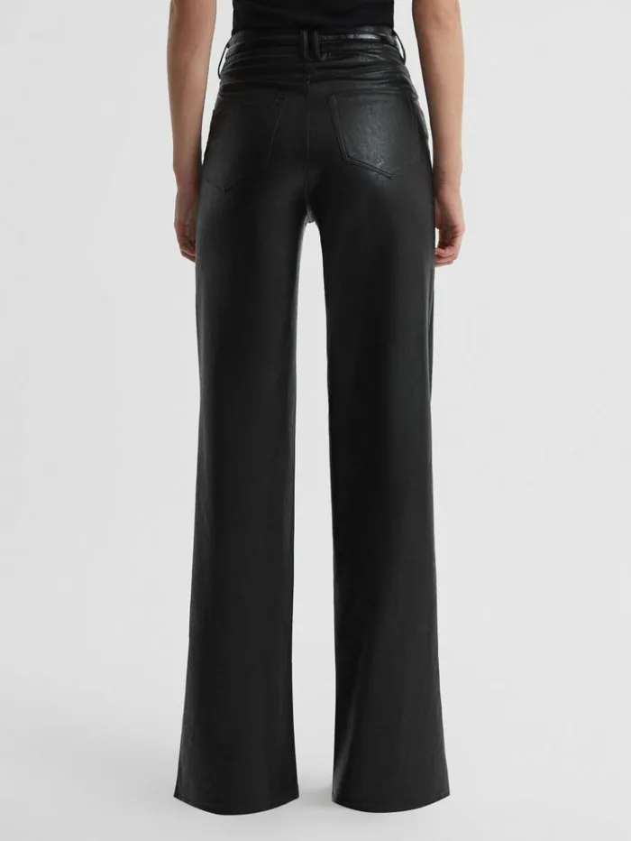 REISS Pants Women Paige High Rise LeatherLook Wide Leg Jeans Black