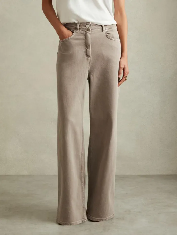 REISS Pants Women Relaxed Garment Dyed Wide Leg Jeans Neutral