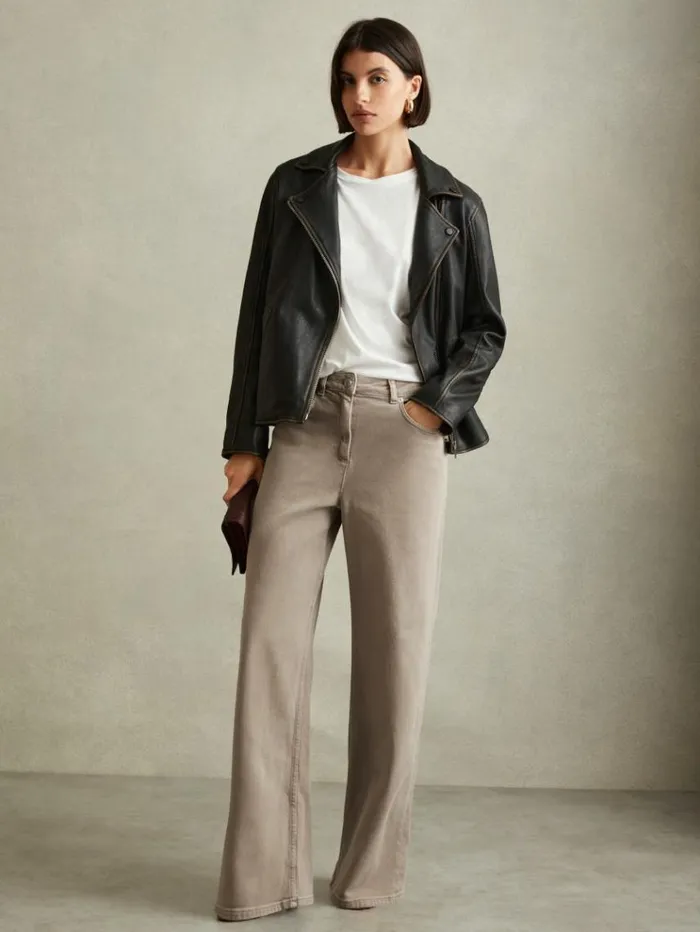 REISS Pants Women Relaxed Garment Dyed Wide Leg Jeans Neutral