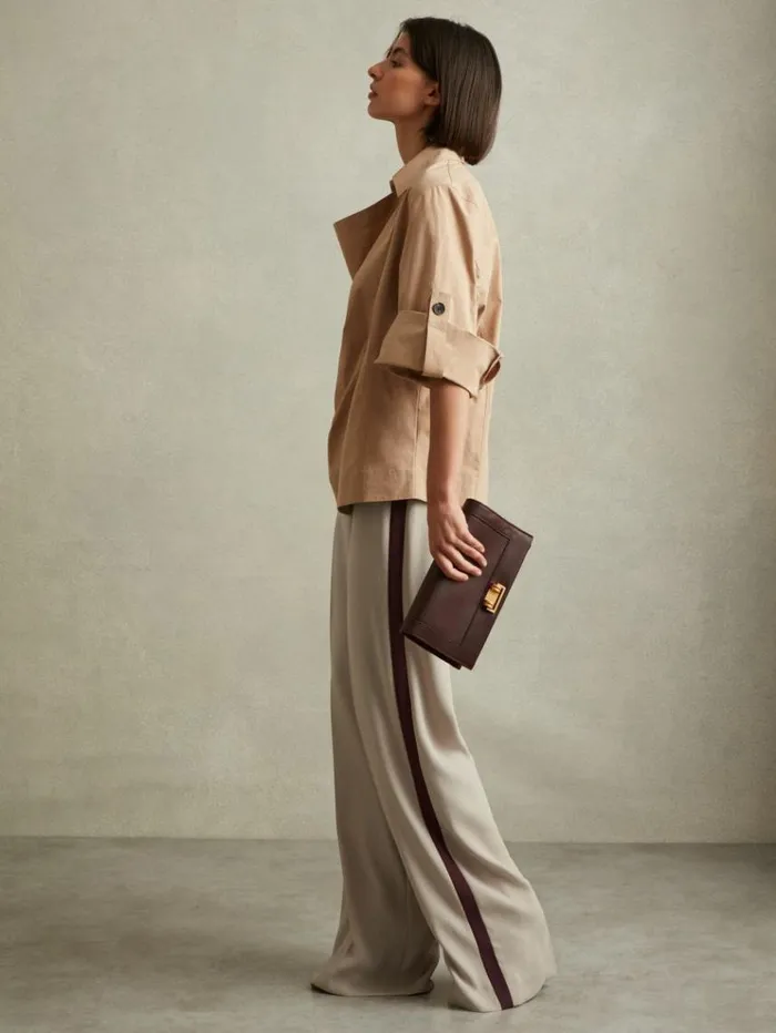 REISS Pants Women Side Stripe Wide Leg Trousers Stone