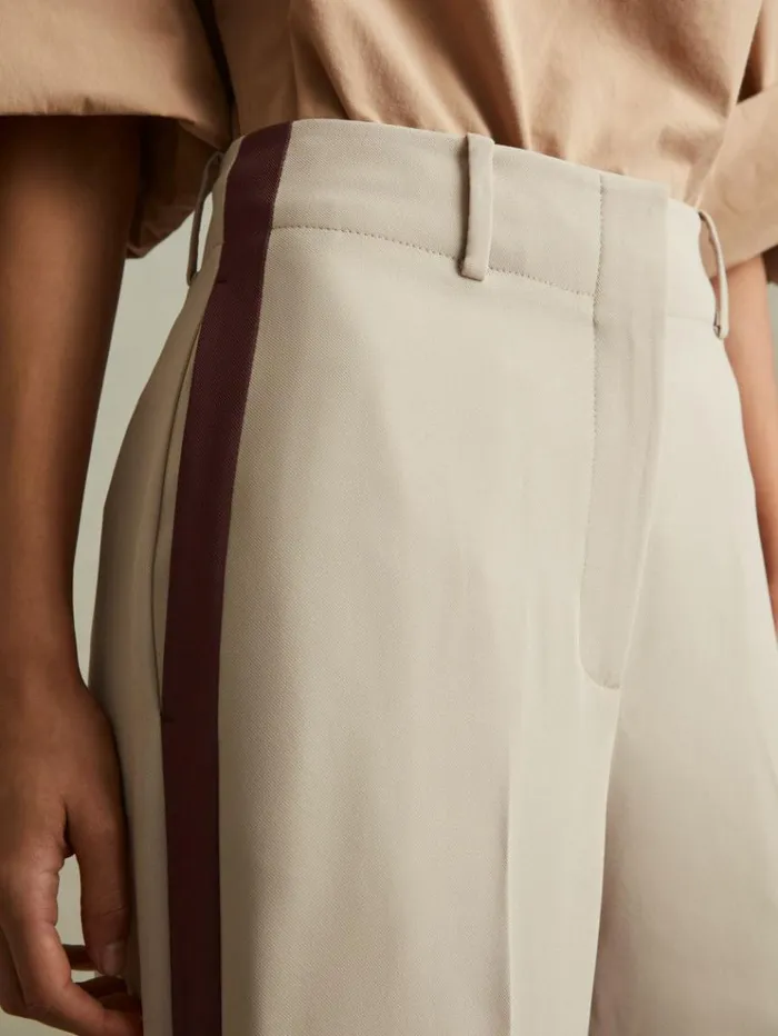 REISS Pants Women Side Stripe Wide Leg Trousers Stone