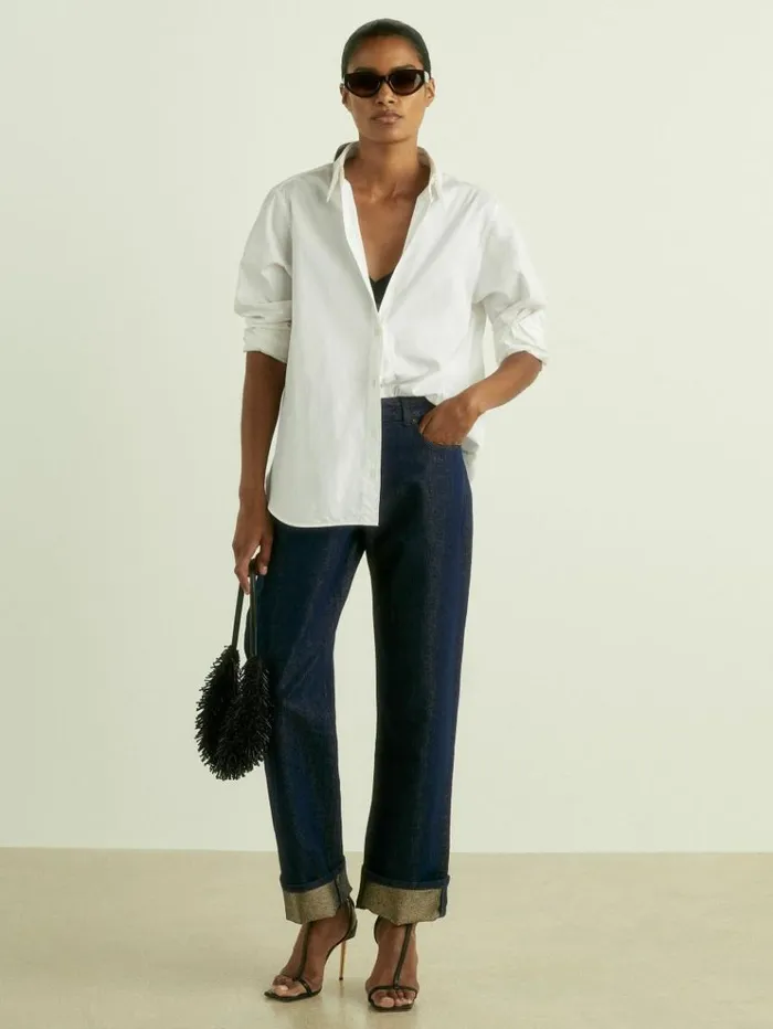 REISS Pants Women SlimLeg MetallicThread TurnUp Jeans Indigo