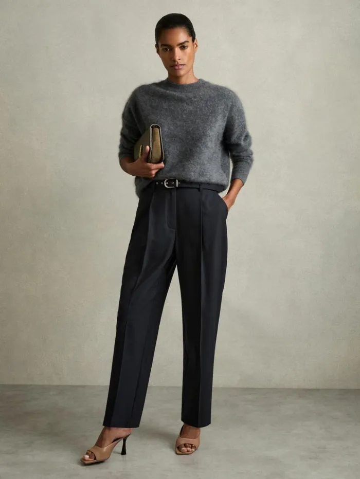 REISS Pants Women Tapered Belted Trousers Navy