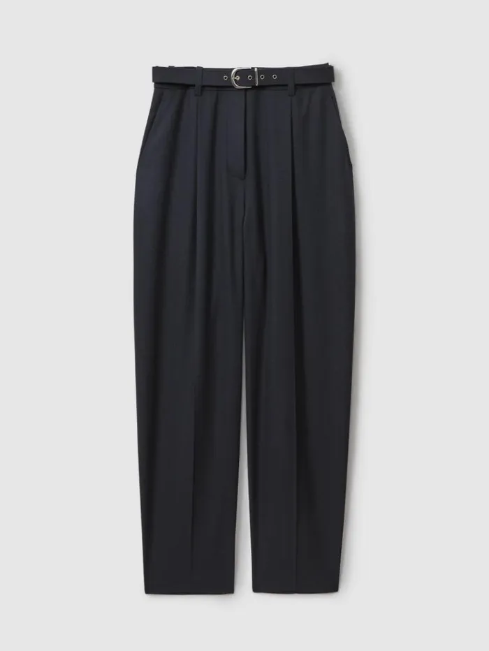 REISS Pants Women Tapered Belted Trousers Navy