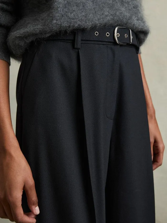 REISS Pants Women Tapered Belted Trousers Navy