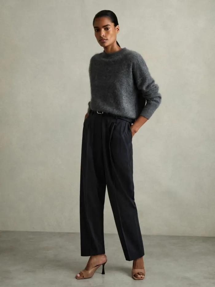 REISS Pants Women Tapered Belted Trousers Navy