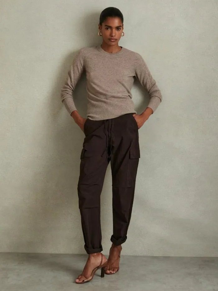 REISS Pants Women Tapered Drawstring Cotton Combat Trousers Chocolate