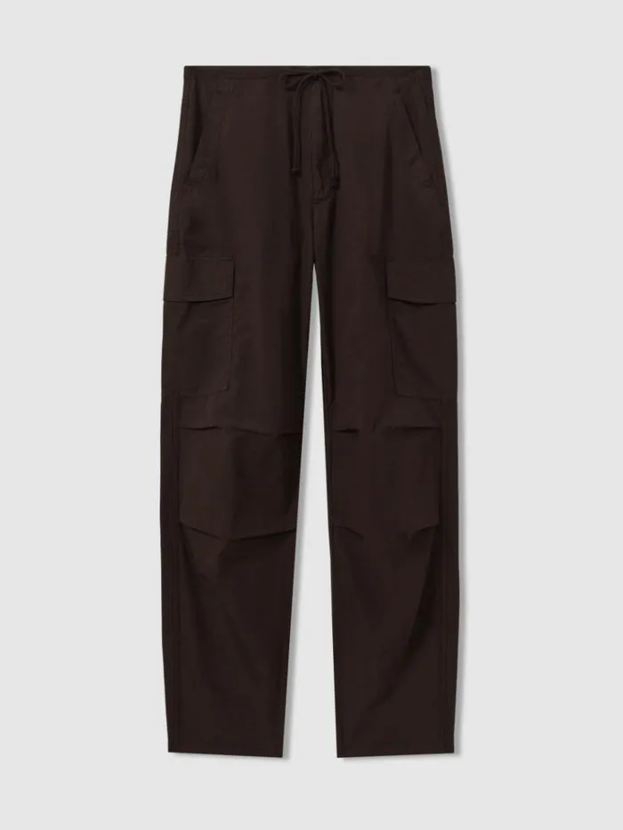 REISS Pants Women Tapered Drawstring Cotton Combat Trousers Chocolate